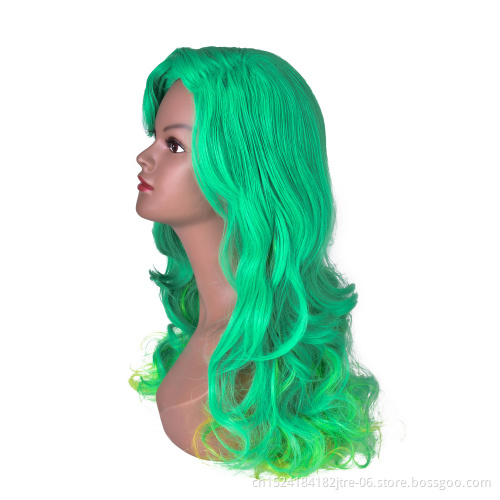 long loose wave machine made green synthetic wig in stock